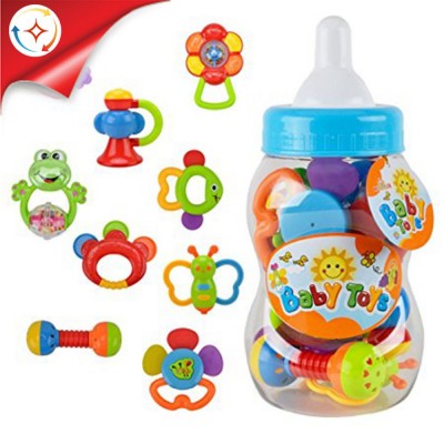 9pcs Baby Rattle Teether Toy Set With Giant Bottle For Gift